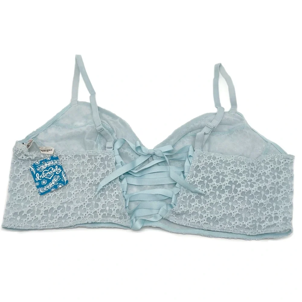 Free People Women's Floral-Embroidery Lace Long Line Bra Light Blue Size Large